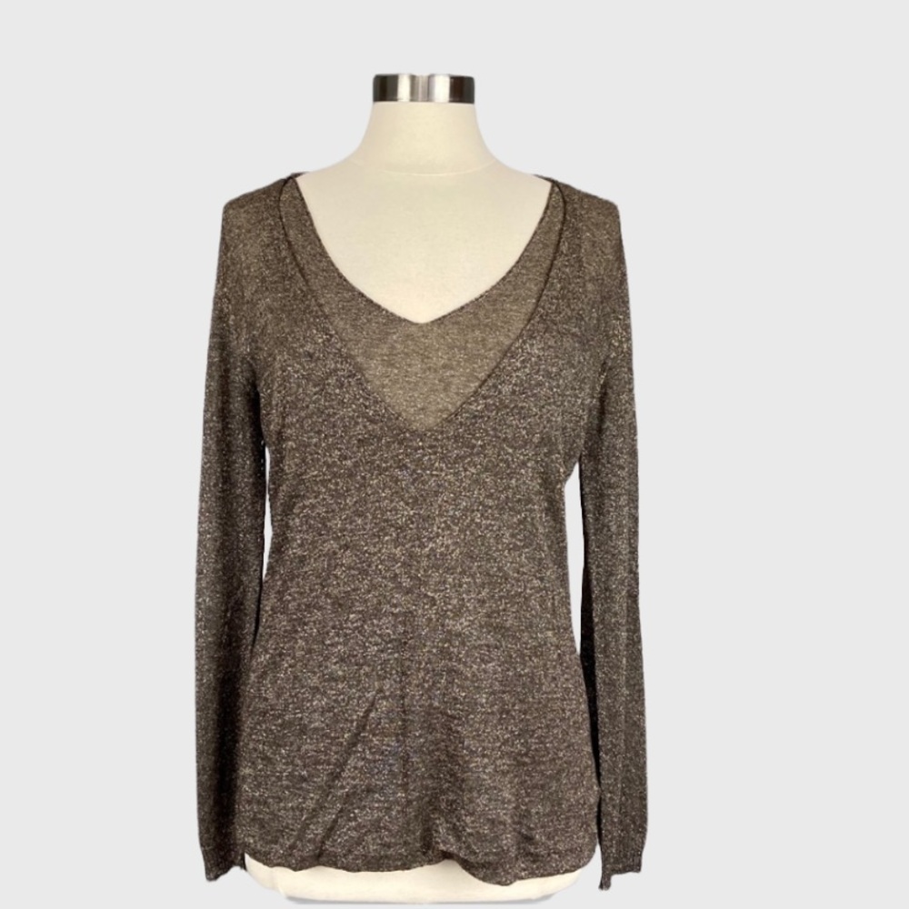 Escada Womens Long Sleeve V Neck Top Metallic Bronze Brown Layered size Medium